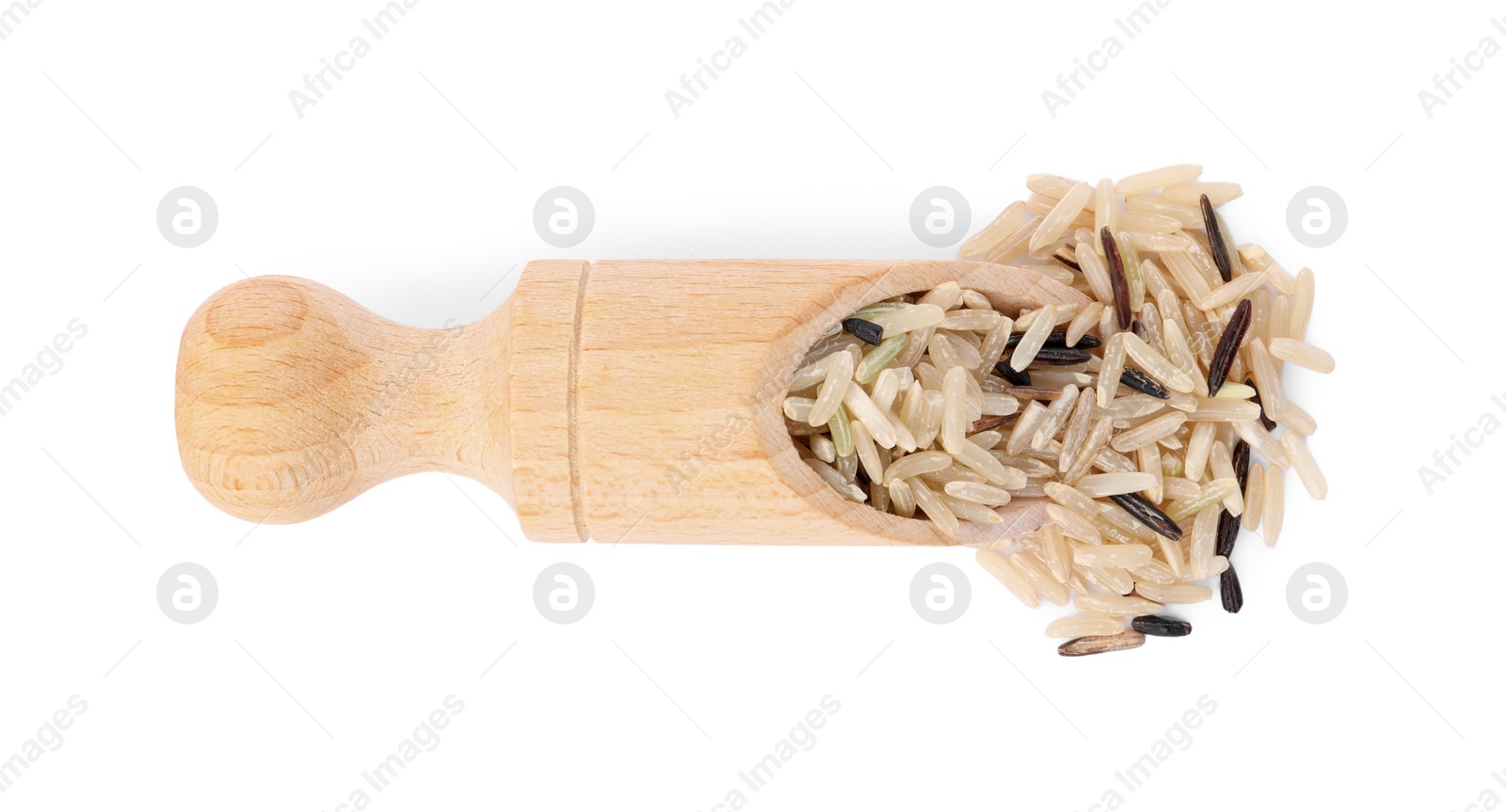 Photo of Scoop with raw unpolished rice isolated on white, top view