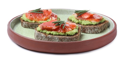 Delicious sandwiches with salmon, avocado and rosemary on white background