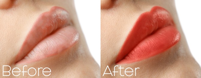 Image of Collage with photos of young woman before and after permanent lip makeup, closeup. Banner design