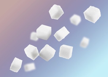 Refined sugar cubes in air on color gradient background