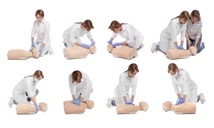 Image of Doctor practicing first aid on mannequin against white background, collage