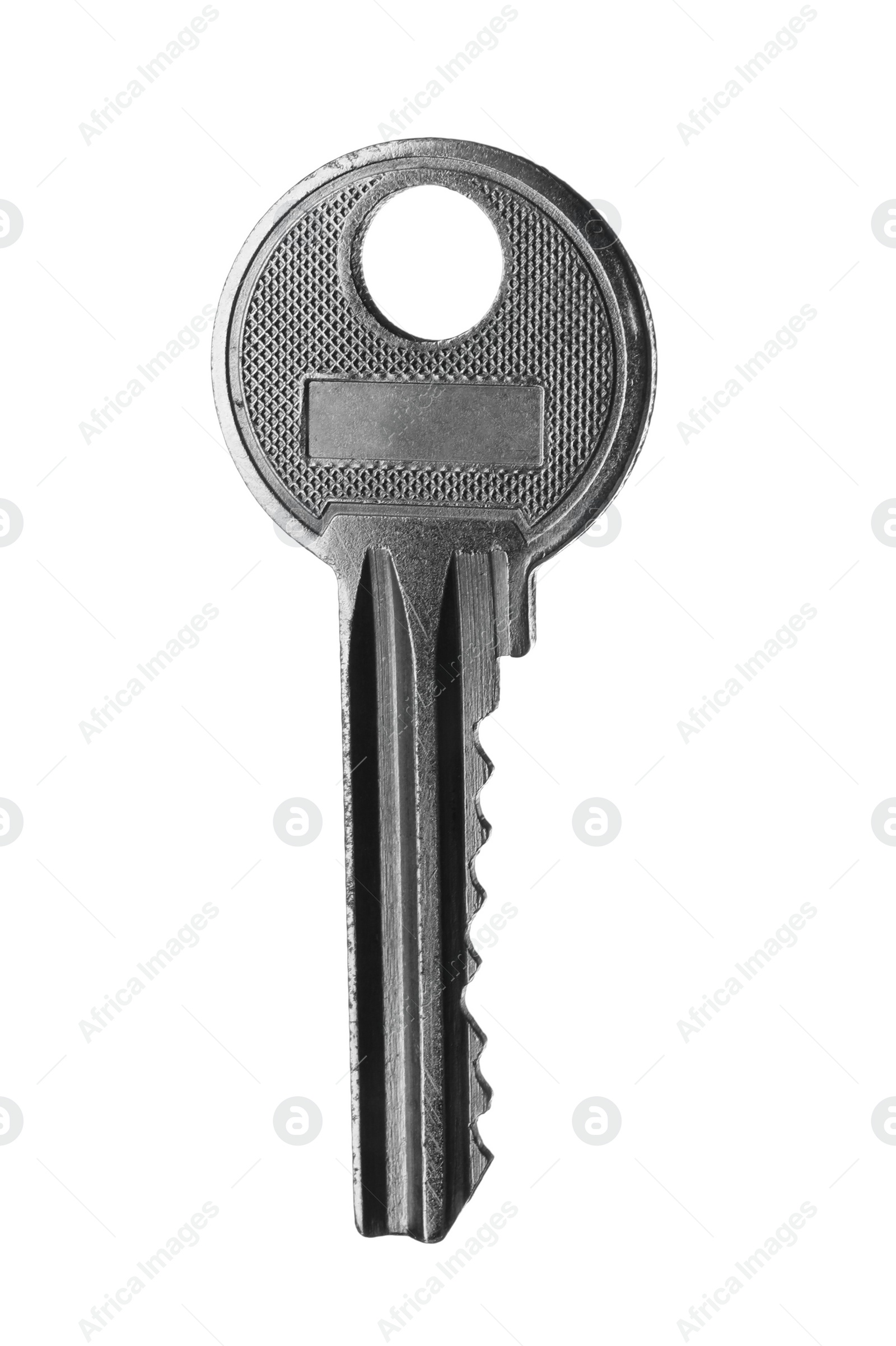 Photo of One modern steel key on white background