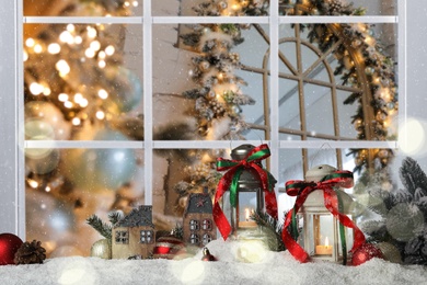 Image of Beautiful composition with  Christmas lanterns near window