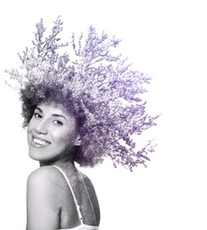 Image of Double exposure of beautiful woman and blooming tree on white background