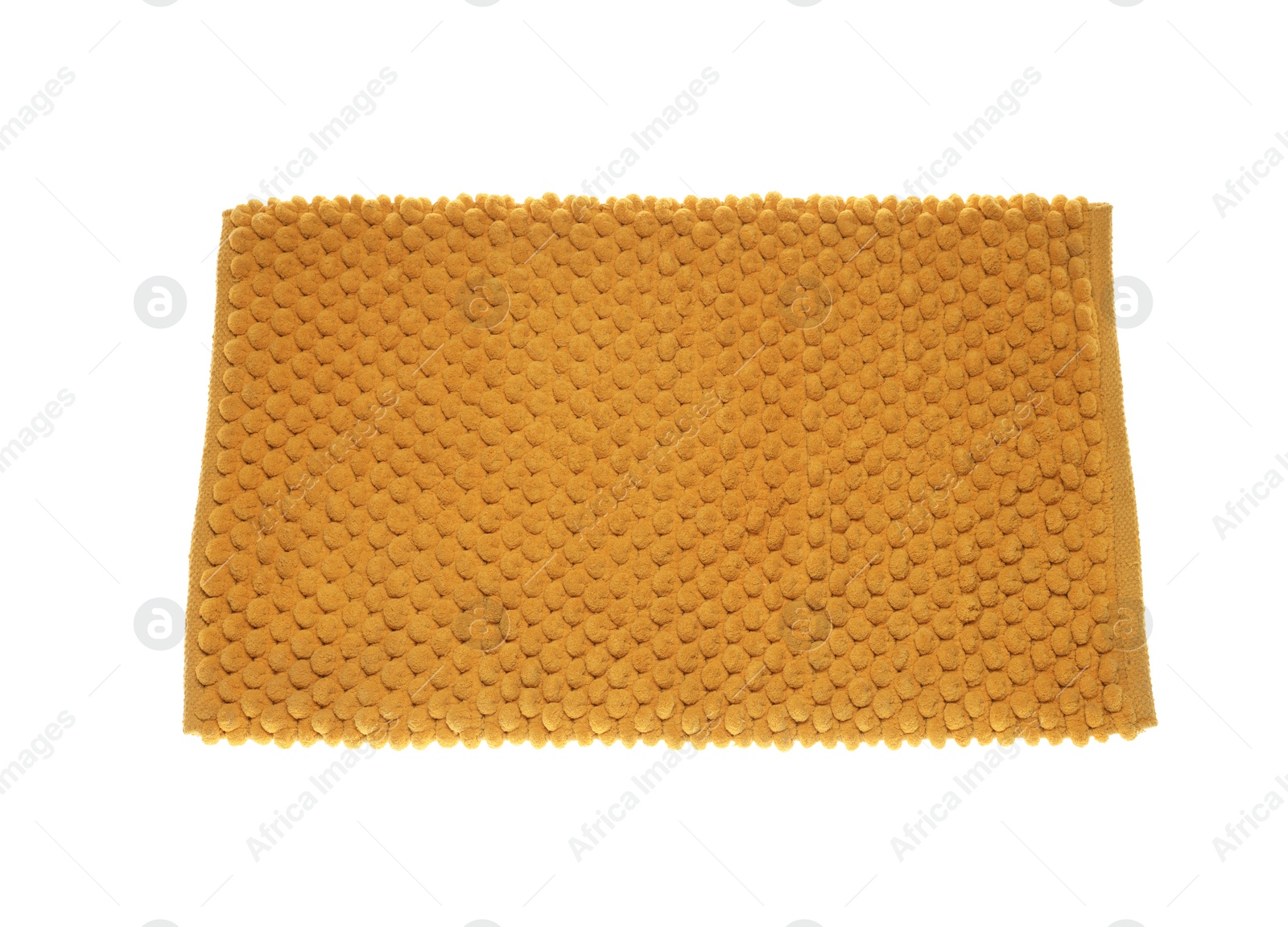 Photo of Soft orange bath mat isolated on white, top view