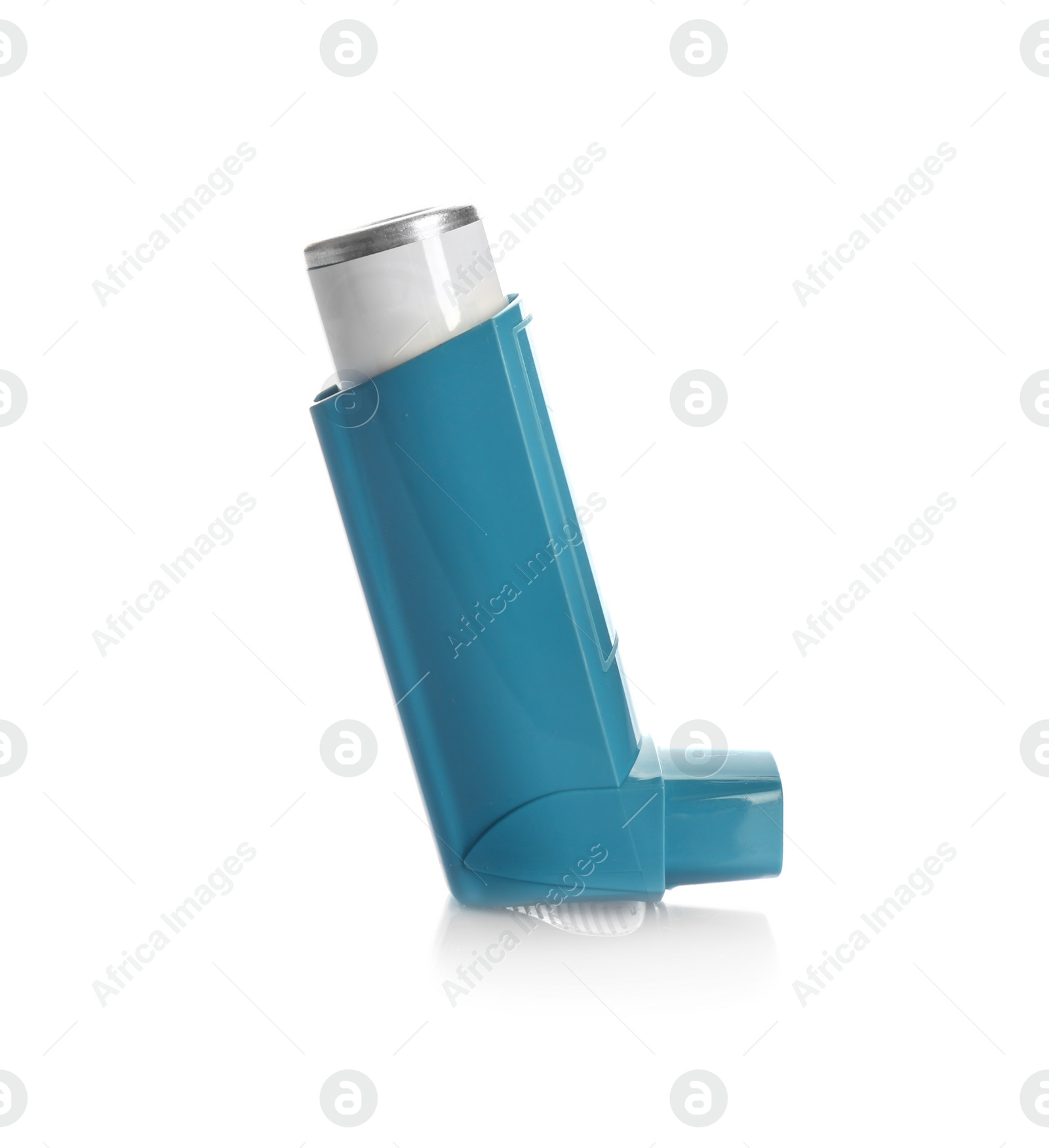 Photo of Portable asthma inhaler device on white background