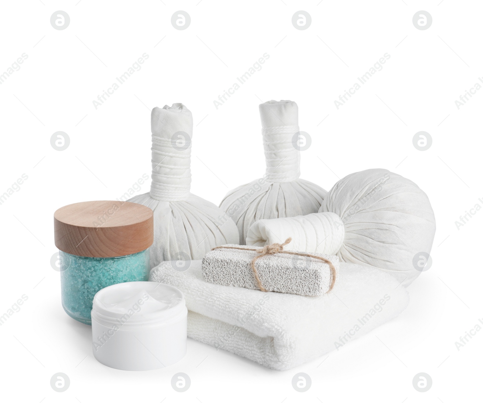 Photo of Spa composition with care products on white background