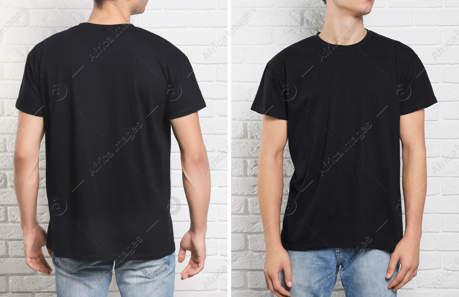 Image of Man wearing black t-shirt near white brick wall, back and front view. Mockup for design