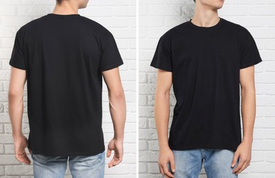 Man wearing black t-shirt near white brick wall, back and front view. Mockup for design