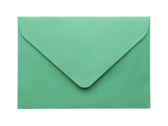 Photo of Green paper envelope isolated on white. Mail service