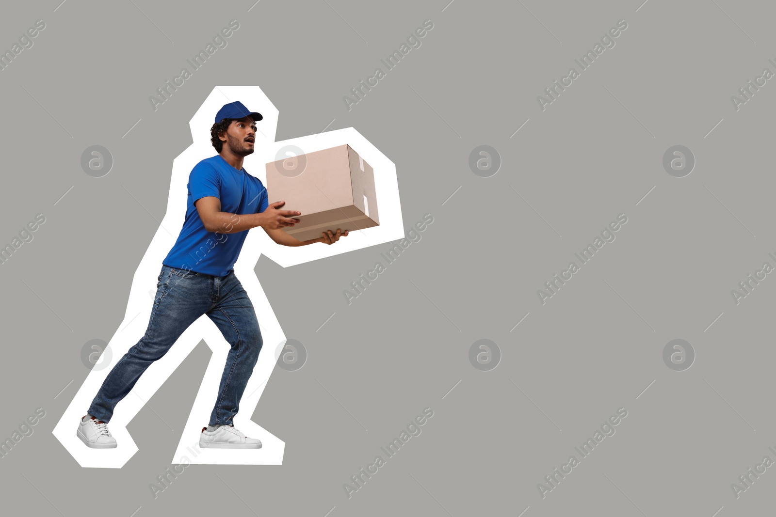 Image of Shocked courier with parcel running on grey background, space for text