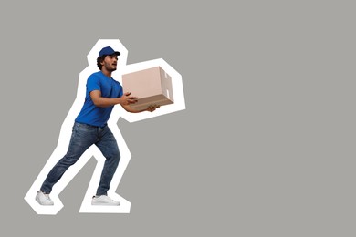 Shocked courier with parcel running on grey background, space for text