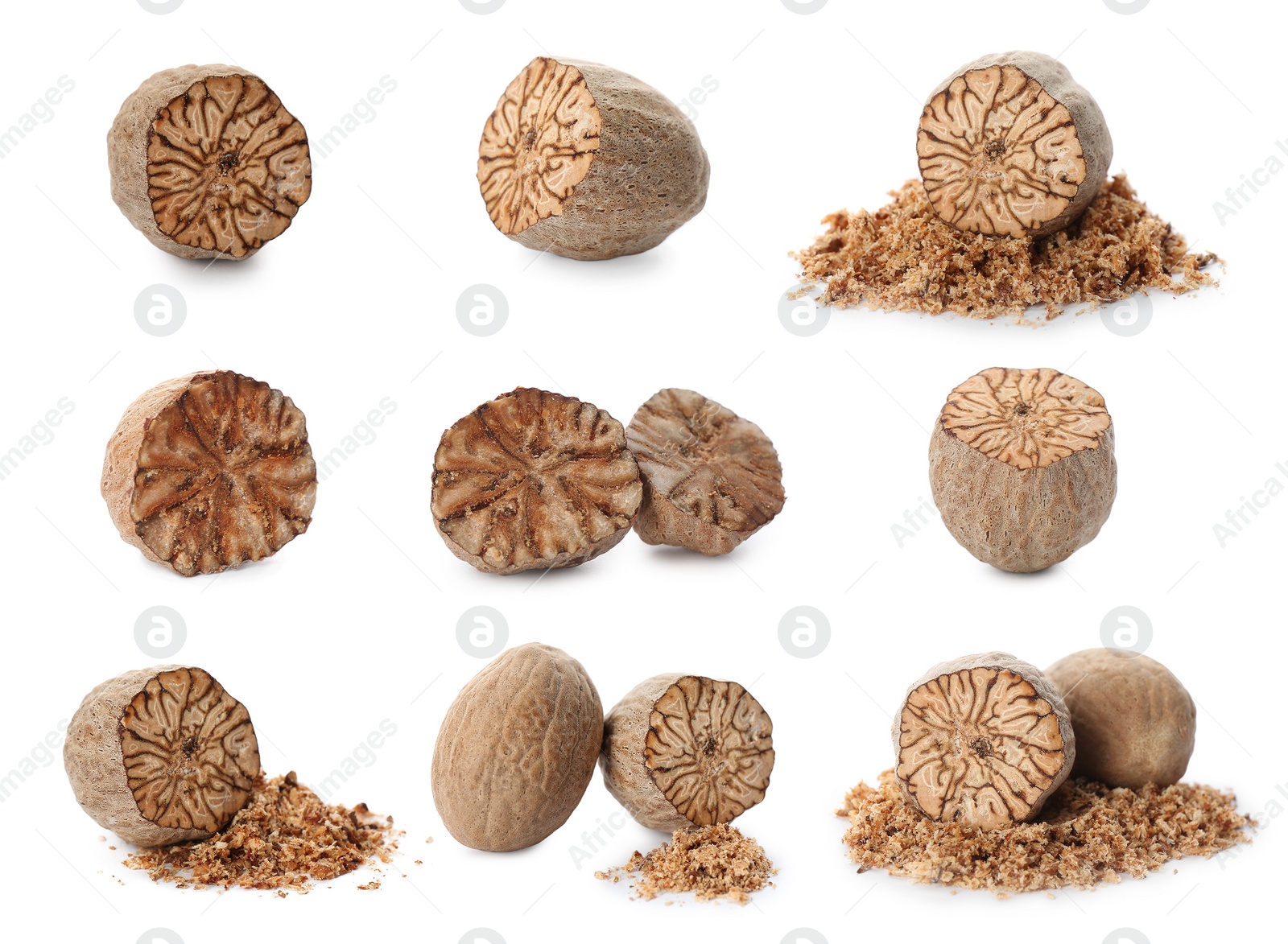 Image of Set with nutmeg seeds on white background 