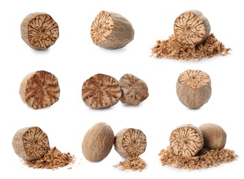 Image of Set with nutmeg seeds on white background 