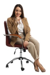 Photo of Young businesswoman sitting in comfortable office chair on white background