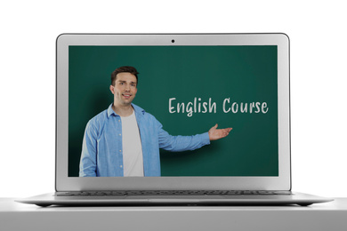 Image of Modern computer for online English learning with teacher on white background