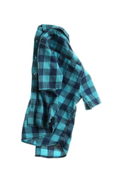 Photo of Rumpled plaid shirt isolated on white. Messy clothes