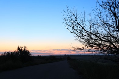 Photo of Picturesque landscape with asphalt road at sunrise