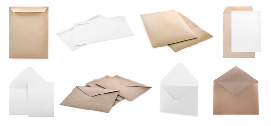 Image of Set with different blank paper envelopes on white background. Banner design