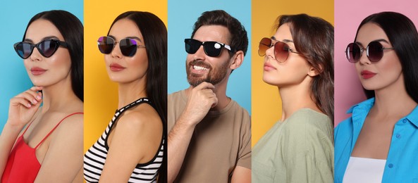 Image of Collage with photos of people with stylish sunglasses on different color backgrounds. Banner design