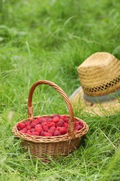 Photo of Wicker basket with ripe raspberries and straw hat on green grass outdoors