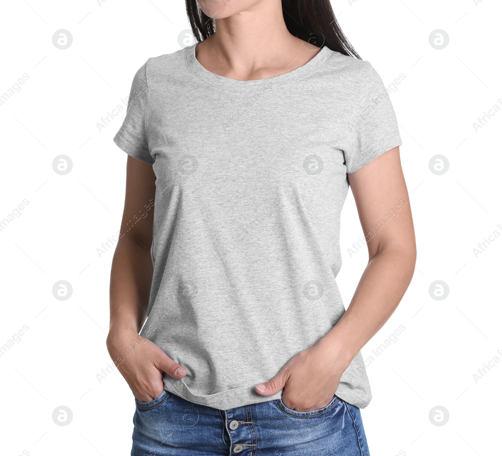 Photo of Young woman in grey t-shirt on white background. Mockup for design