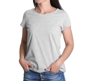 Young woman in grey t-shirt on white background. Mockup for design