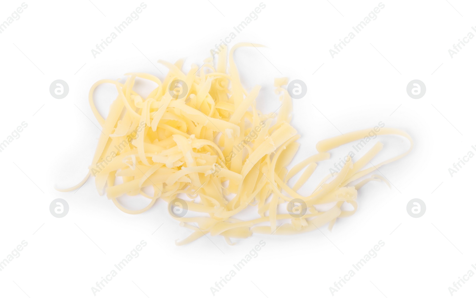 Photo of Pile of tasty grated cheese isolated on white