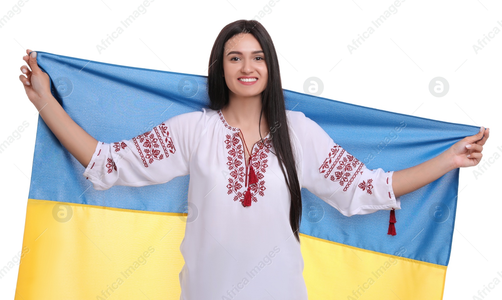 Photo of Young woman with flag of Ukraine on white background