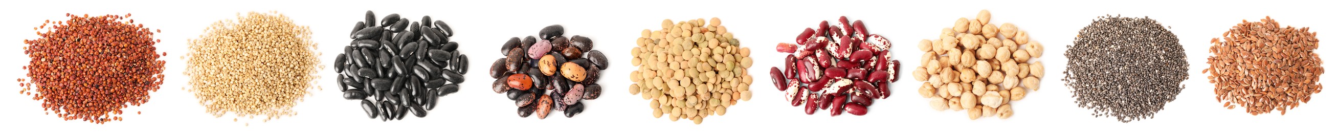 Image of Set with different legumes, grains and seeds on white background, top view. Vegan diet