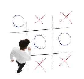 Man and illustration of tic-tac-toe game on white background, above view. Business strategy concept 
