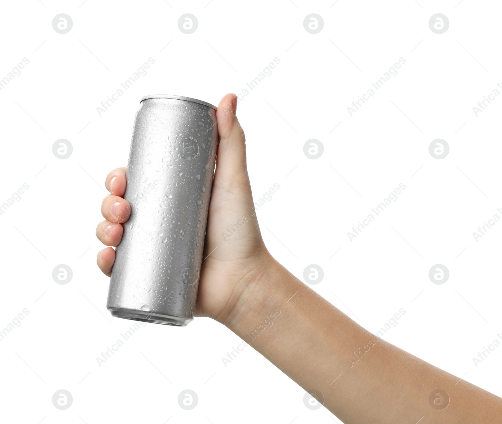 Photo of Woman holding aluminum can with beverage on white background, closeup. Space for design