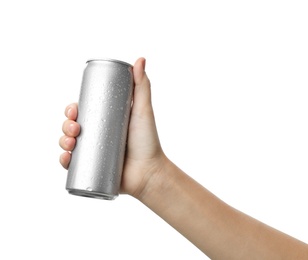 Woman holding aluminum can with beverage on white background, closeup. Space for design