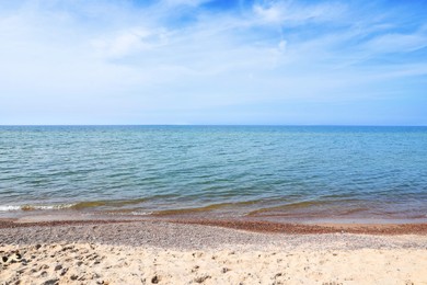 Photo of Picturesque view of blue sky, sea and tropical beach