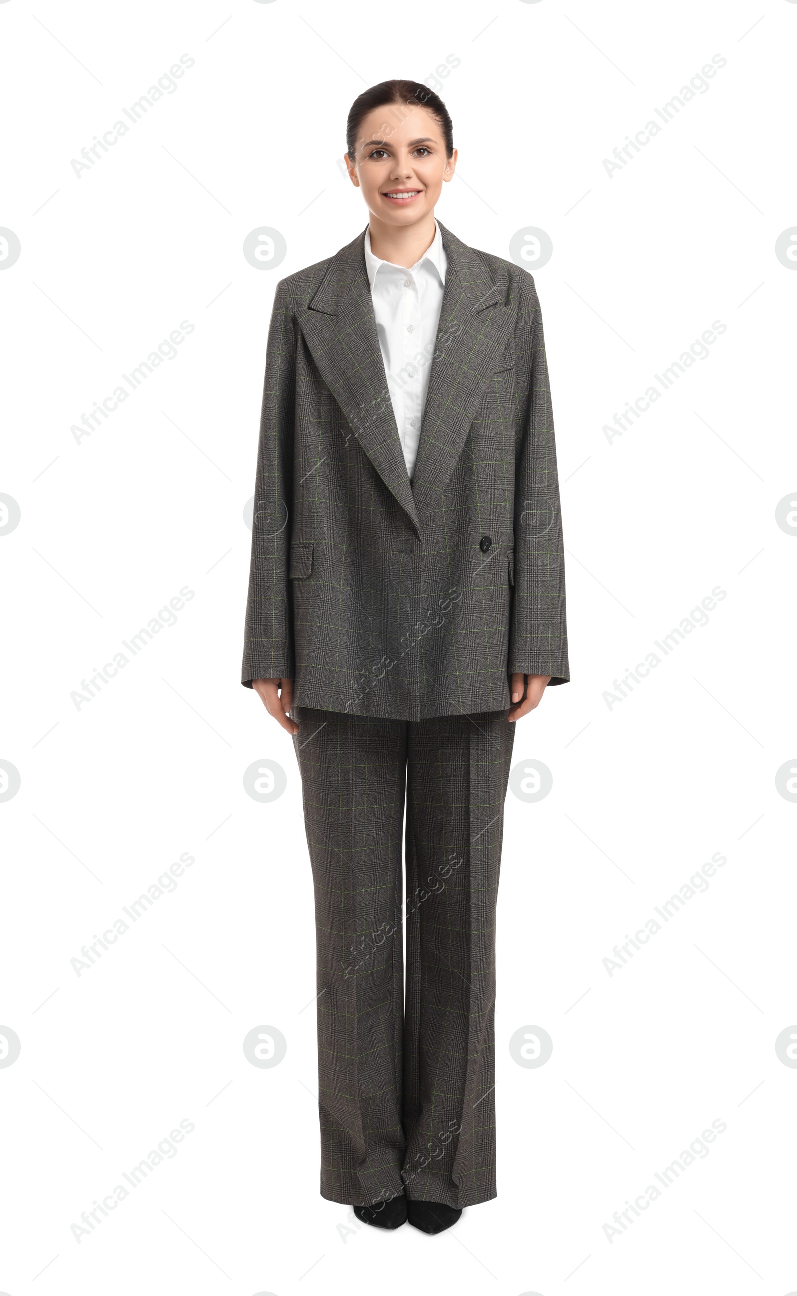 Photo of Beautiful happy businesswoman in suit on white background