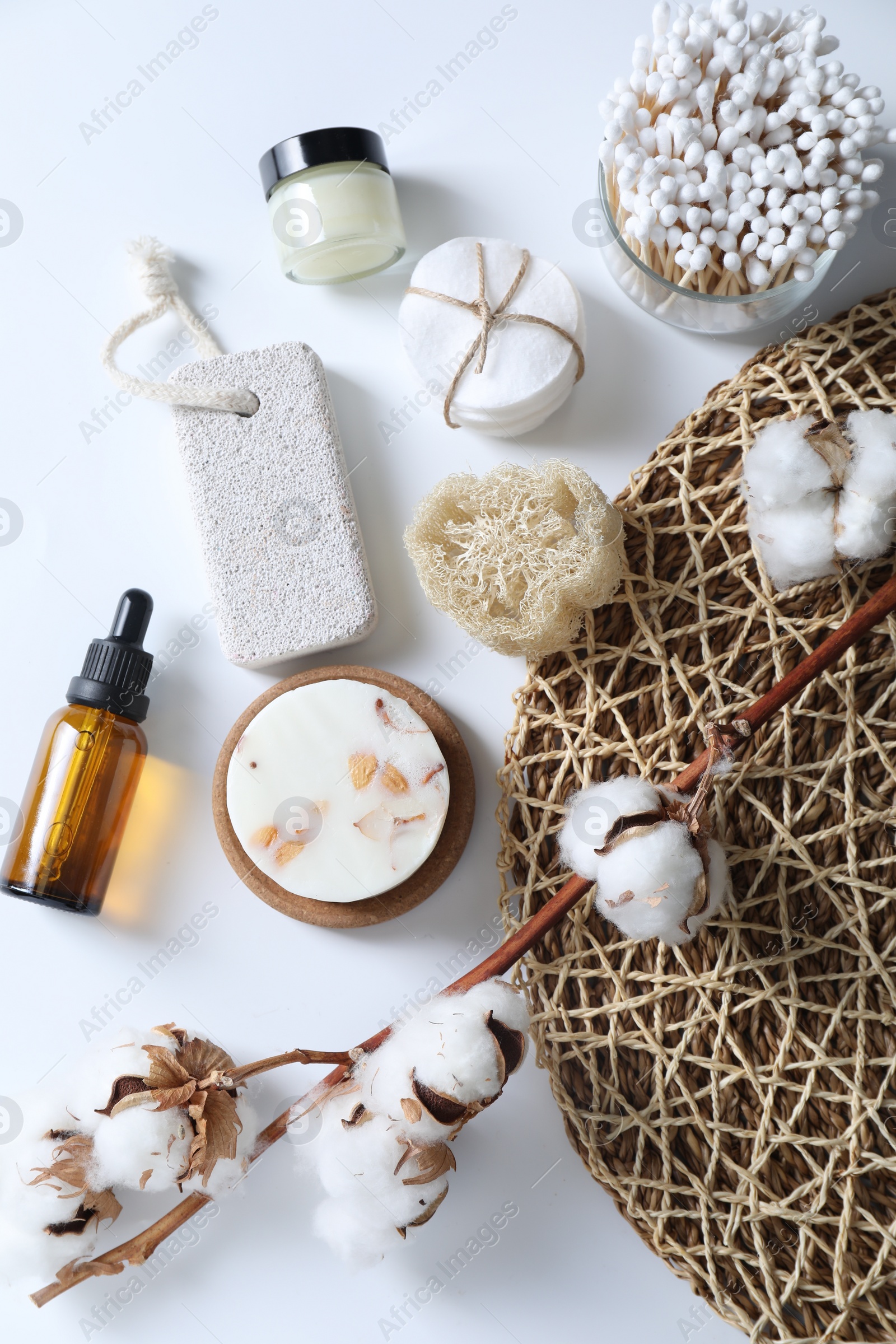 Photo of Bath accessories. Flat lay composition with personal care products on white background