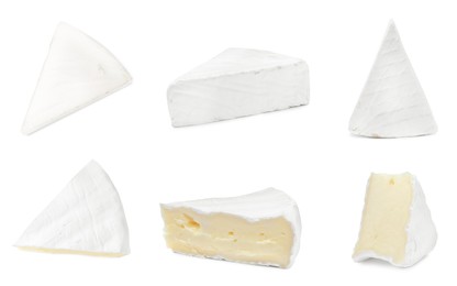 Image of Set with tasty brie cheese on white background