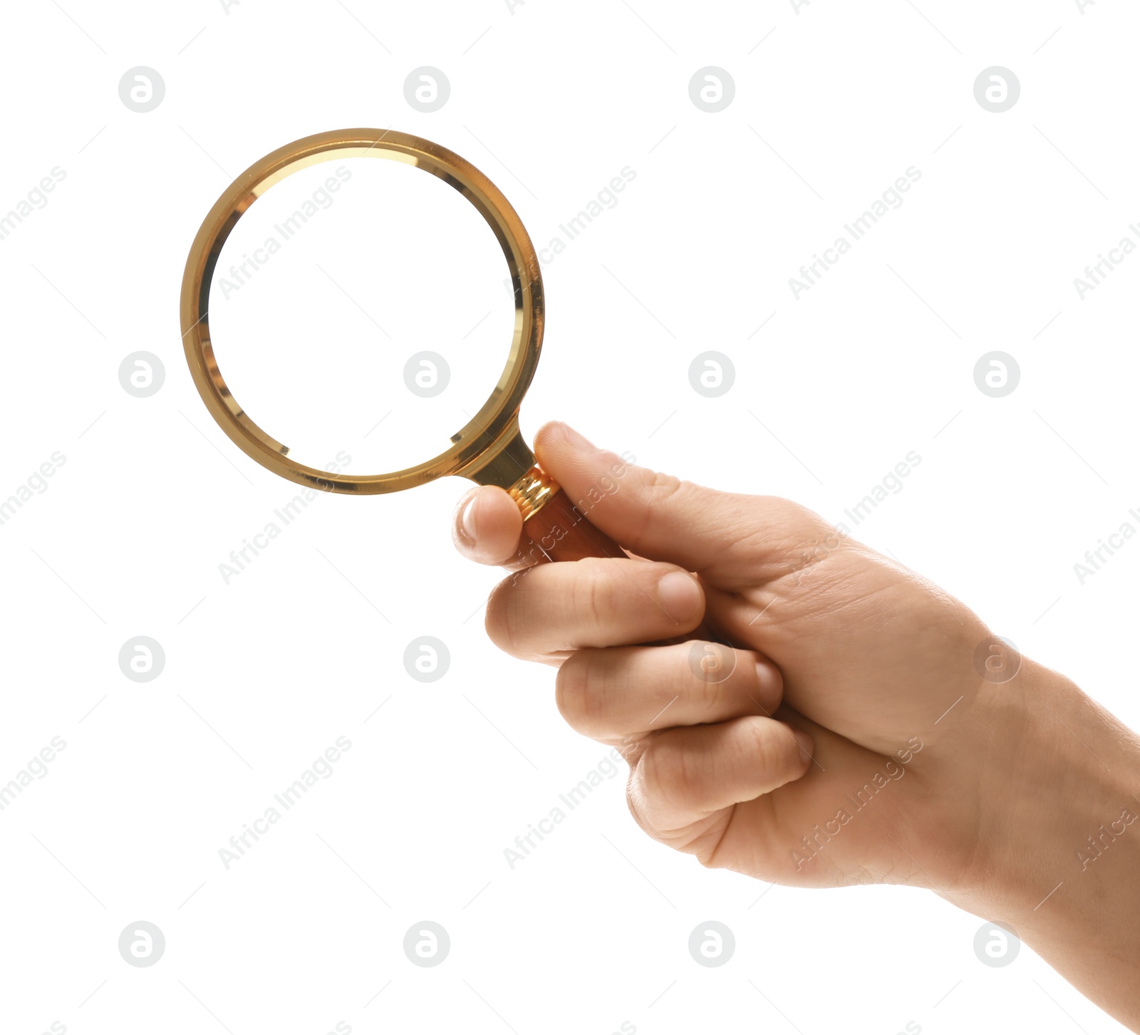 Photo of Woman holding magnifying glass on white background, closeup