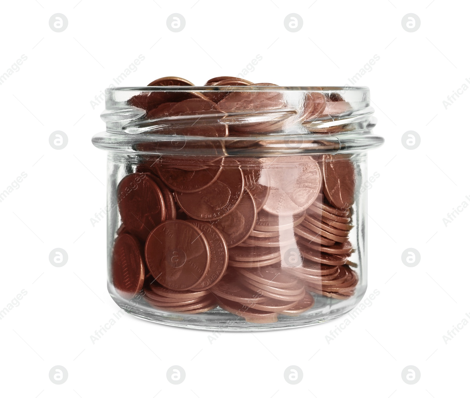 Photo of Glass jar with coins isolated on white