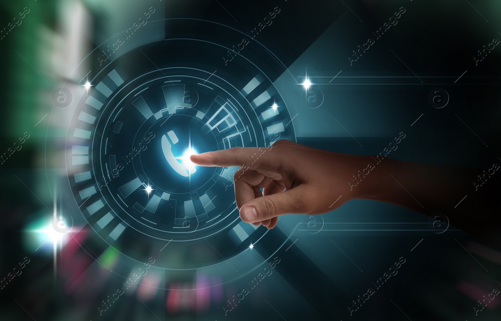 Hotline service. Man pointing at virtual icon with telephone symbol, closeup Image of Hotline service. Man pointing at virtual icon with telephone symbol, closeup