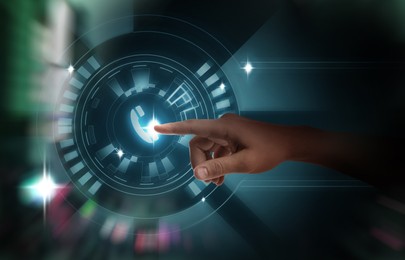 Image of Hotline service. Man pointing at virtual icon with telephone symbol, closeup