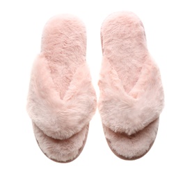 Photo of Stylish soft slippers on white background, top view