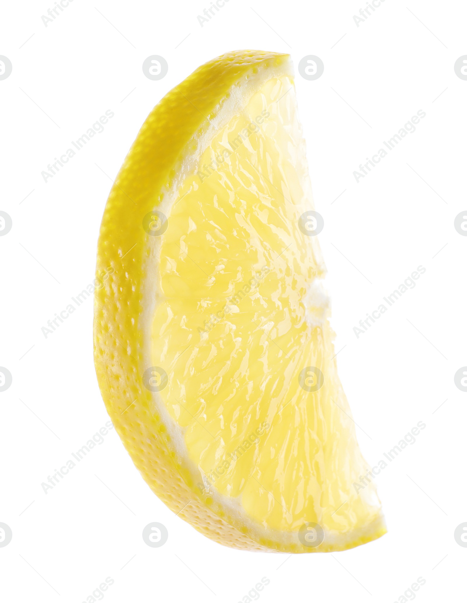 Photo of Slice of fresh juicy lemon on white background