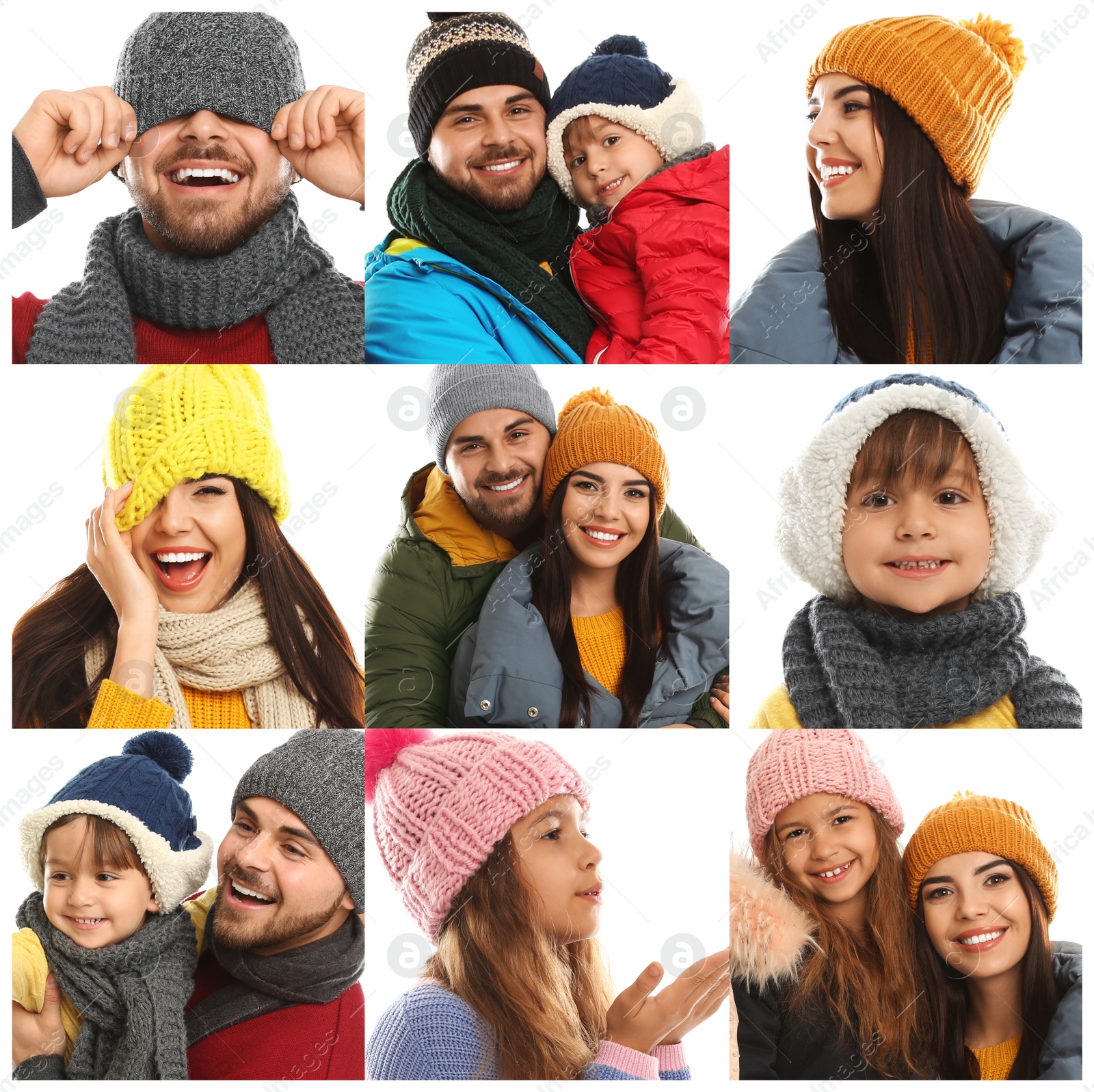 Image of Collage with photos of people wearing warm clothes on white background. Winter vacation