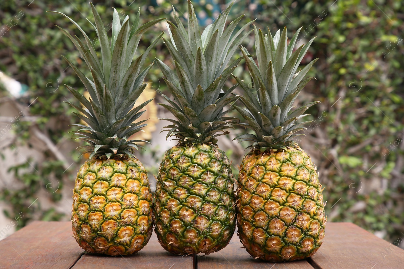 Photo of Delicious ripe pineapples on wooden table outdoors