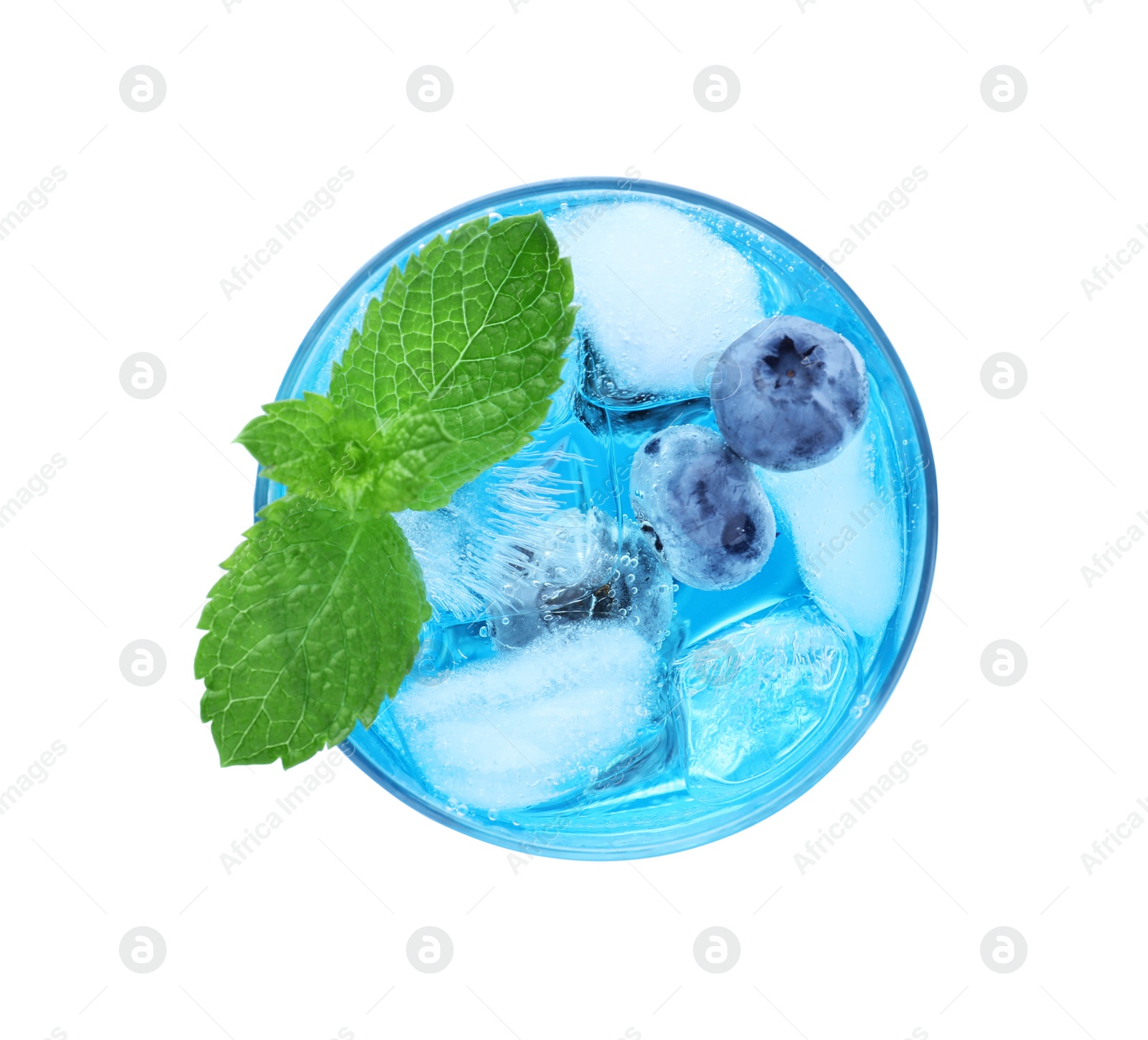 Photo of Delicious blueberry lemonade made with soda water isolated on white, top view