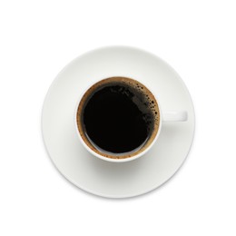 Cup of black aromatic coffee on white background, top view