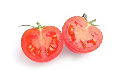 Photo of Halves of fresh cherry tomato isolated on white