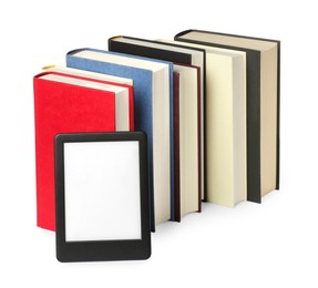 Hardcover books and modern e-book isolated on white