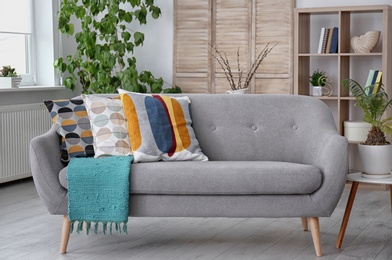 Elegant living room interior with comfortable sofa and shelving unit